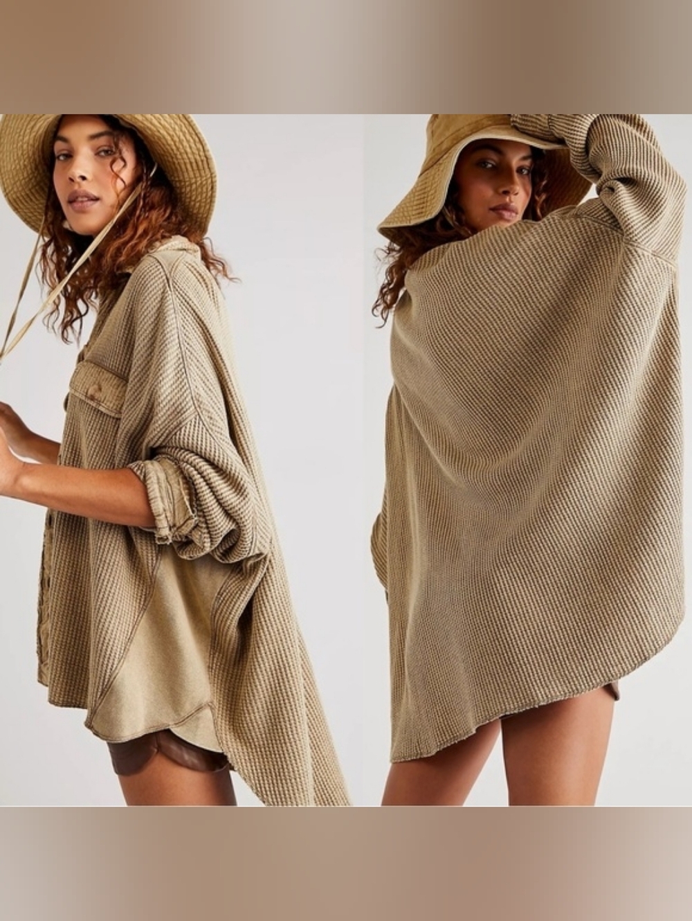 Free People FP ONE  Scout Thermal Oversized Waffle-Knit Button-Down Top Shacket